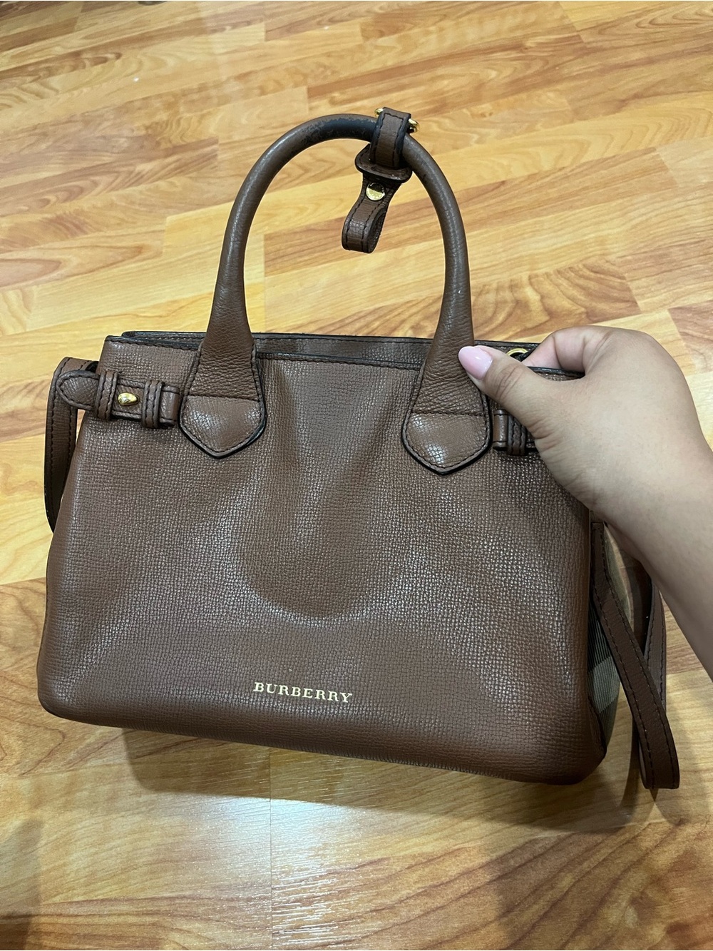 Burberry Brown Grainy Calfskin House Check Banner Bag Small (*Well loved*)